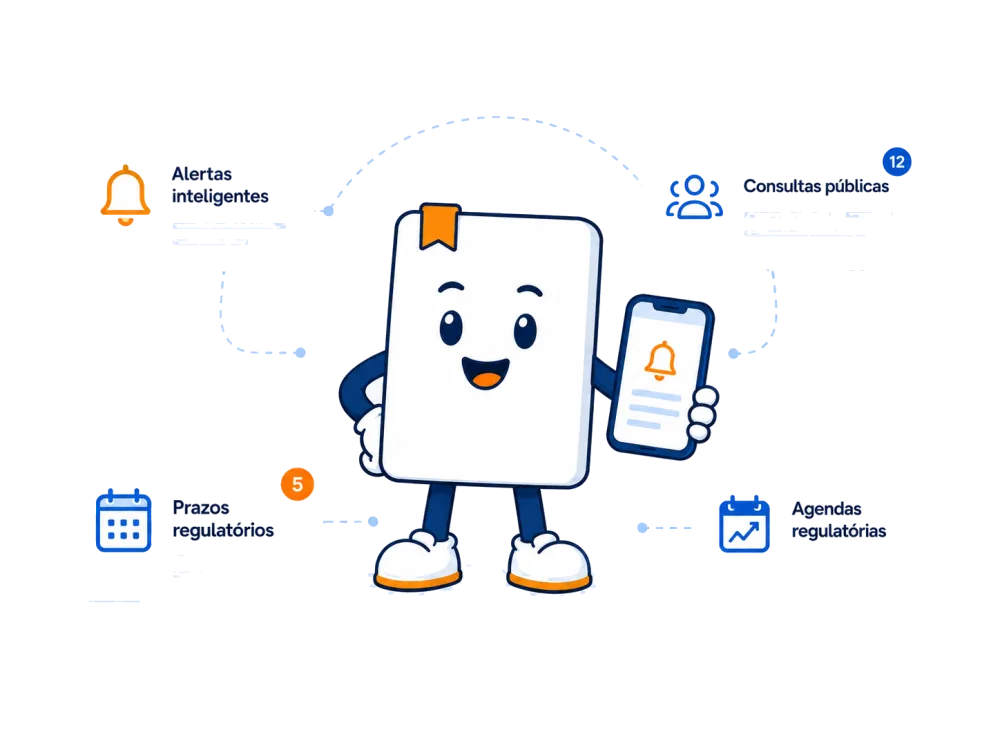 Ilustração de conteúdos regulatórios com alertas, consultas públicas, prazos e agendas regulatórias