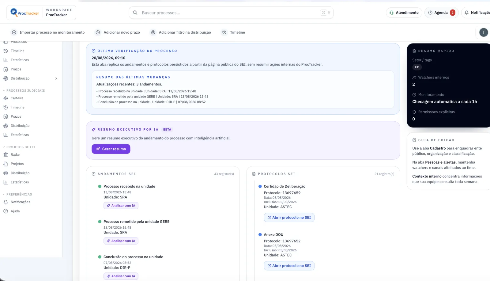 Ficha de processo do ProcTracker com última verificação, andamentos e protocolos do SEI