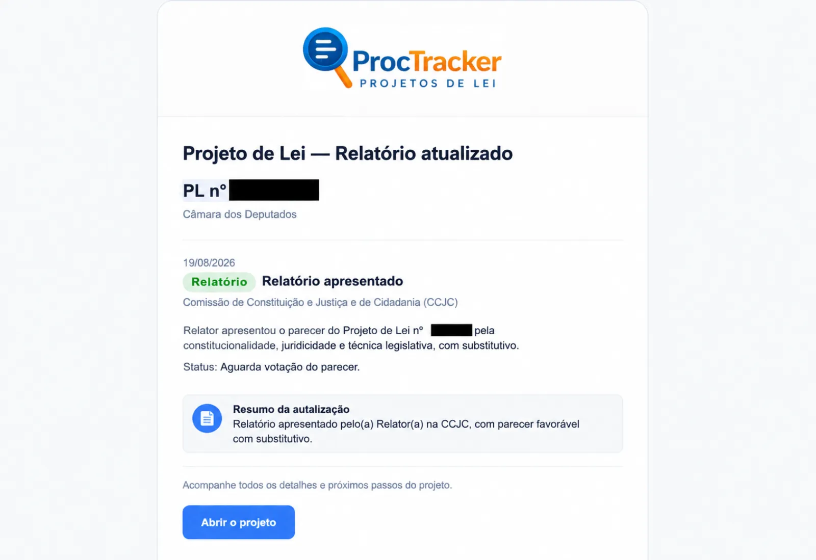 E-mail do ProcTracker avisando movimentação de projeto de lei monitorado