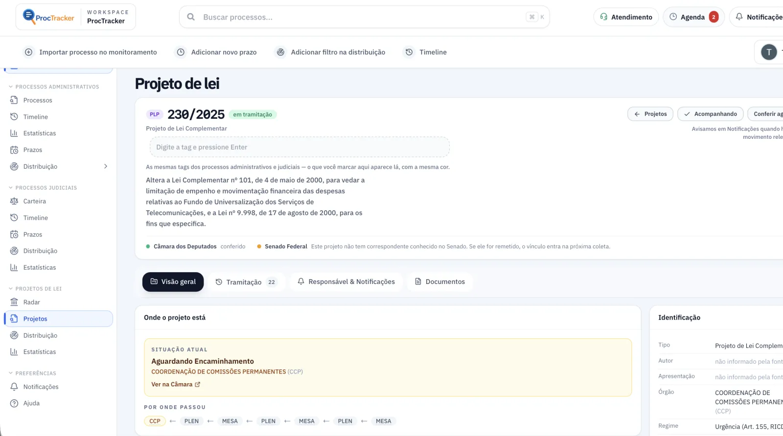 Ficha de projeto de lei no ProcTracker com situação atual, identificação e histórico de tramitação
